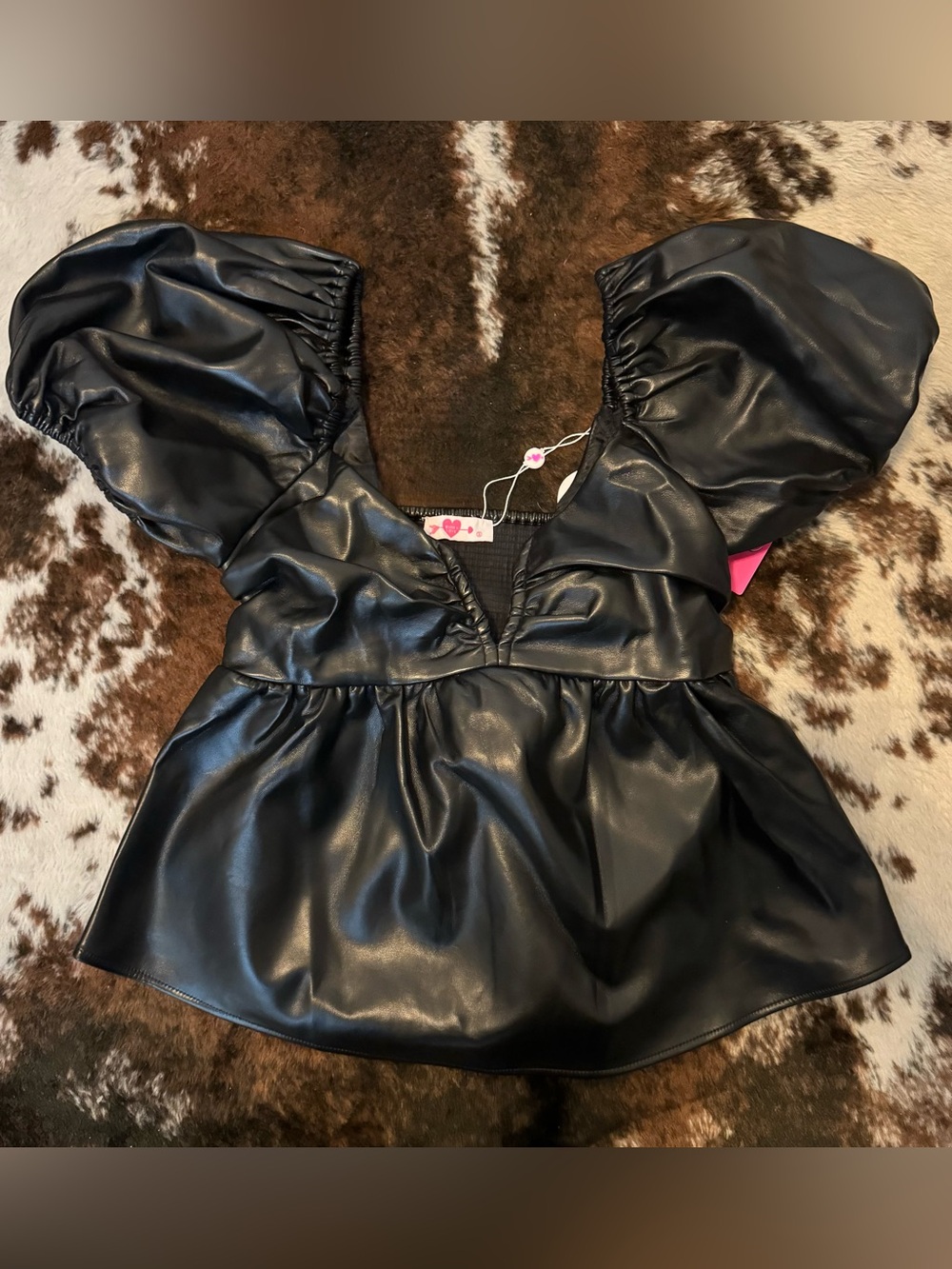 Buddy Love Black Faux Leather Peplum Top with Puff Sleeves - Small NWT